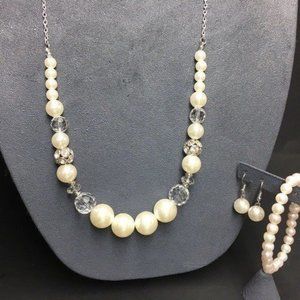 Necklace Earrings Bracelet Dangle Pierced Pearl Silver Rhinestone Stretch Bling